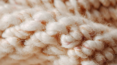 The image focuses on a detailed close-up of soft wool fibers, highlighting their intricate texture and natural color. This presents the beauty of natural textiles.の素材