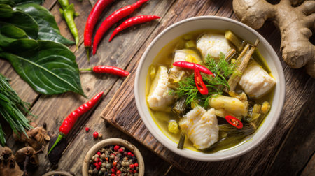 A flavorful fish stew simmers in a bowl, surrounded by fresh herbs, red chili peppers, and spices. The warm colors and rustic kitchen vibe enhance the inviting atmosphere of this culinary delight.の素材