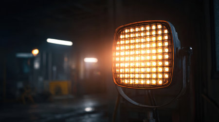 An industrial light fixture emits a warm glow in a dimly lit workspace. The surrounding area is shadowy, enhancing the fixtures presence and warmth in the evening ambience.の素材