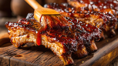 Tender barbecue ribs are being brushed with a rich, sticky sauce. The setting is a rustic kitchen, enhancing the appetizing look of the dish in warm lighting.の素材