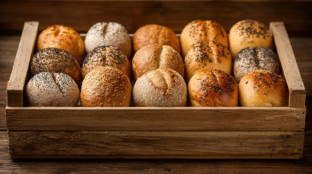 A wooden basket holds a variety of freshly baked rolls, showing different textures and toppings. The warm colors of the bread create an inviting appearance.の素材