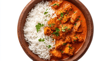 A bowl holds tender chicken curry smothered in rich sauce next to a serving of fluffy white rice. Fresh cilantro garnishes the dish, highlighting vibrant colors and delicious flavors.の素材