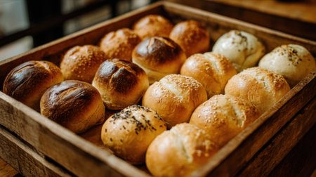 Freshly baked rolls are arranged neatly in a wooden tray. The golden brown crust and soft texture invite customers to enjoy them in a warm bakery atmosphere.の素材