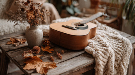 A wooden table holds an acoustic guitar next to a vase of dried flowers and scattered autumn leaves. A soft knitted blanket adds warmth and comfort to the space.の素材