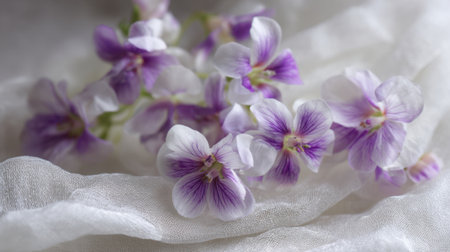 Purple violets gently nestled on sheer white fabric create a serene and peaceful scene.の素材