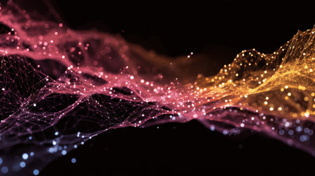 Colorful waves intertwine in the dark shimmering with light and creating a sense of motion and depth.の素材