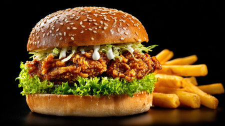 A delicious chicken sandwich loaded with fresh lettuce and served with crispy fries on the sideの素材