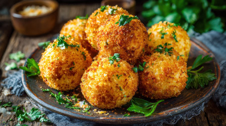 Delicious golden balls are served on a wooden plate fresh herbs add a vibrant touch to the dish.の素材
