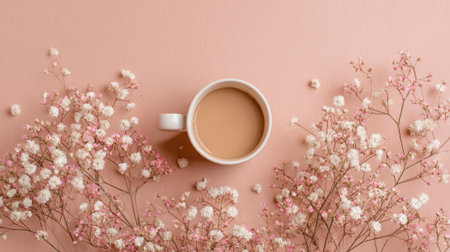 A cup of warm coffee rests gracefully among soft flowers creating a calm and inviting atmosphere.の素材