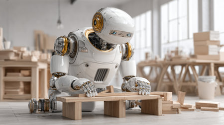 A humanoid robot focuses on assembling wooden furniture pieces in a bright workshop filled with tools and wood. Sunlight streams through large windows, enhancing the workspace.の素材