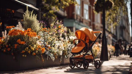 A cheerful orange stroller stands by vibrant flower beds brightening the bustling urban street.の素材