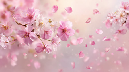 Delicate pink petals swirl in the air celebrating the beauty of springs arrival among the branches.の素材