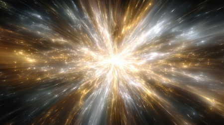 A stunning display of cosmic energy bursts forth in vibrant colors of gold, silver, and white, depicting the dynamic nature of space in an imaginative visual scene.の素材