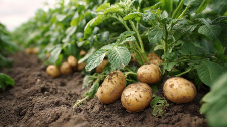 Golden potatoes rest among vibrant green leaves in a fertile garden ready for harvest.の素材