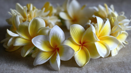 A bright and vibrant lei made of yellow and white flowers sits gracefully showcasing its beauty for a festive occasion.の素材
