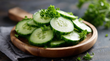 Slices of fresh cucumber are neatly arranged on a wooden plate topped with green herbs. This vibrant presentation highlights their natural color and freshness in a kitchen environment.の素材