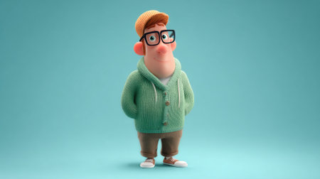 A young man with large glasses and styled hair wears a light green sweater and beige pants. He stands with his hands in his pockets looking relaxed in a simple blue setting.の素材