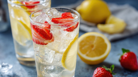 Two glasses of lemonade filled with ice sliced lemons and fresh strawberries are placed on a rustic tabletop alongside whole strawberries and a lemon.の素材