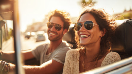 A happy couple drives in a classic convertible smiling and enjoying the warm sun on a coastal road. The golden hour lights up their faces as they share a joyful moment together.の素材