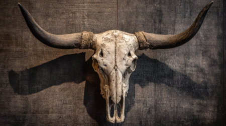 A weathered bull skull is mounted on a dark wooden wall creating striking shadows that enhance the rugged atmosphere.の素材
