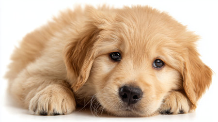 A golden retriever puppy lays on a white background gazing gently with big brown eyes. Its fluffy coat appears soft adding to its adorable look. The puppy radiates warmth and charm.の素材