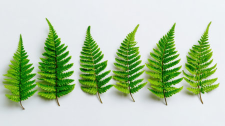 Six vibrant green fern leaves are neatly lined up on a plain background highlighting their intricate shapes and textures in a simple yet elegant display of nature.の素材