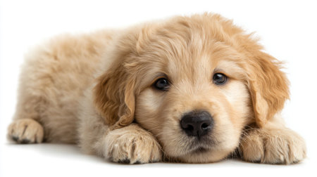 A golden retriever puppy lies down with its head resting on its paws showcasing its soft fluffy fur and expressive eyes. It looks relaxed and cuddly inviting affection.の素材