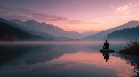 A person sits quietly on a rock at the edge of a serene lake watching the colorful sunrise. The mirrored water reflects the mountains and delicate clouds.の素材