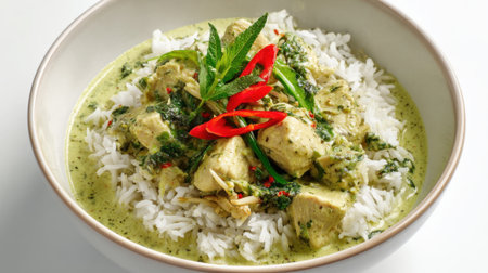 A delicious bowl of green curry chicken sits atop fluffy white rice. The dish is garnished with fresh herbs and slices of red chili creating an inviting presentation.の素材