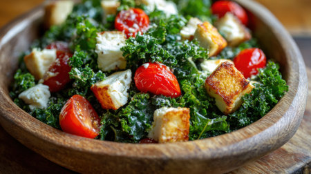 A vibrant kale salad featuring bright cherry tomatoes and toasted cheese cubes is presented in a rustic wooden bowl. The dish highlights fresh ingredients and healthy choices.の素材