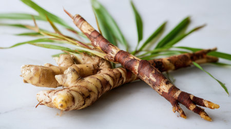 Fresh ginger roots with their distinctive shape and color are showcased alongside vibrant green ginger leaves. Perfect for cooking and enhancing flavors in dishes.の素材