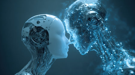 In a futuristic setting two humanoid robots with intricate designs lean toward each other conveying a sense of connection.の素材