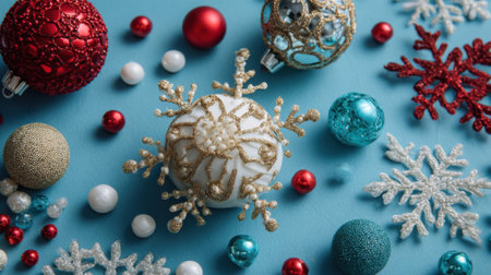 Colorful holiday decorations lie scattered on a blue surface featuring sparkling ornaments snowflakes and shiny beads. These items create a joyful festive atmosphere.の素材