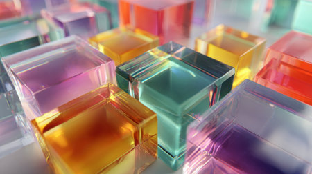 Brightly colored translucent blocks are stacked and arranged in various patterns showing their unique shapes and vibrant hues under gentle lighting.の素材