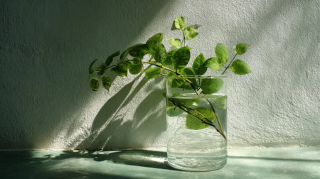 Bright green leaves are gracefully placed in a clear glass jar filled with water. Sunlight streams in casting soft shadows on a textured surface adding a serene vibe.の素材