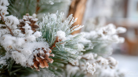 Close-up view of frosty pine branches with snow-dusted pinecones in a quiet winter setting. The delicate snow highlights the beauty of nature during wintertime.の素材