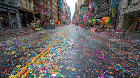 A street in the city is blanketed in bright confetti and colorful balloons clearly showing the aftermath of a lively parade. The festive atmosphere is vibrant and joyful.の素材
