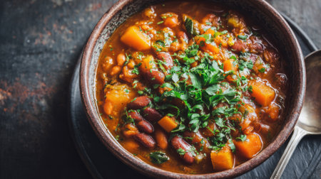 A warm bowl of vegetable and bean stew sits on a dark wooden table. The dish is topped with fresh herbs showcasing vibrant colors of beans and squash creating a comforting meal.の素材