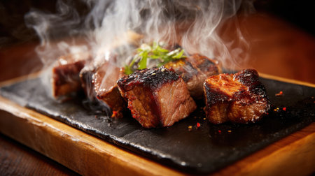 Thick pieces of grilled meat are sizzling on a hot stone emitting steam and rich aromas. Fresh herbs and spices garnish the dish creating an inviting dining experience.の素材