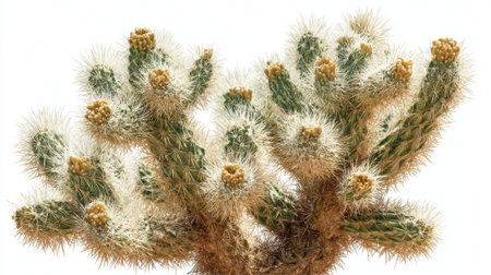 This cholla cactus showcases its distinct spiny structure and developing flower buds in a well-lit setting illustrating the beauty of desert flora.の素材