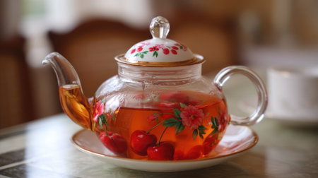A beautifully designed glass teapot sits on a table filled with amber tea and fresh cherries. The cozy atmosphere invites relaxation during a lovely afternoon tea time.の素材