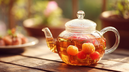A glass teapot filled with vibrant fruit tea sits on a wooden table in a bright garden. Lush plants surround the scene while colorful fruits float in the drink.の素材