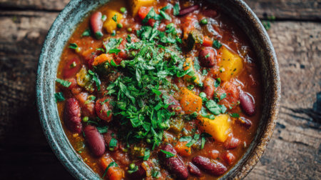 A hearty bowl of bean chili filled with red beans vegetables and spices sits on a wooden table. Fresh herbs add a vibrant touch under warm lighting.の素材