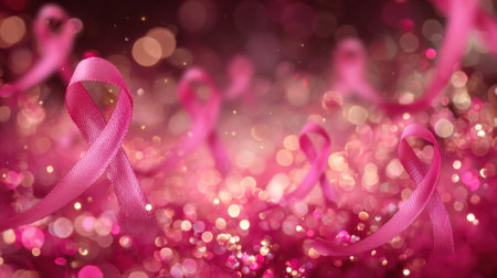 Various pink ribbons stand prominently against a sparkling pink background representing awareness and support for breast cancer. The scene is vibrant and hopeful.の素材