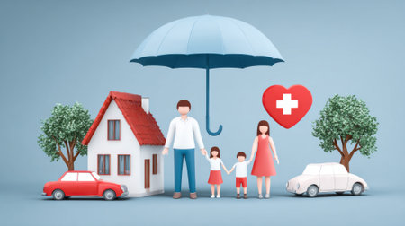 A family stands together under a blue umbrella with a heart symbol and a medical cross. The backdrop features a house trees and cars highlighting warmth and security.の素材