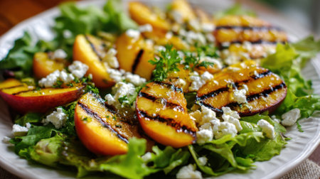 Fresh lettuce is topped with sweet grilled peach slices and crumbled cheese creating a vibrant summer salad. A drizzle of dressing ties the flavors together perfectly.の素材