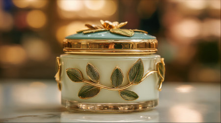A beautifully crafted jar with intricate leaf designs and a soft blue lid sits on a polished marble counter. Gentle light highlights its elegant features creating an inviting atmosphere.の素材