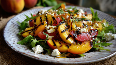 A vibrant salad features grilled peaches arugula and crumbled goat cheese drizzled with balsamic glaze. This dish captures the essence of summer with its fresh ingredients.の素材
