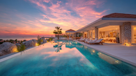 A luxurious villa showcases a serene infinity pool reflecting the vibrant colors of the sunset surrounded by tropical plants near the oceans edge creating a peaceful atmosphere.の素材