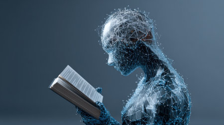 A human-like figure made of glowing blue lines is deeply engaged in reading a book. The background is softly lit emphasizing the figures thoughtful expression and digital texture.の素材